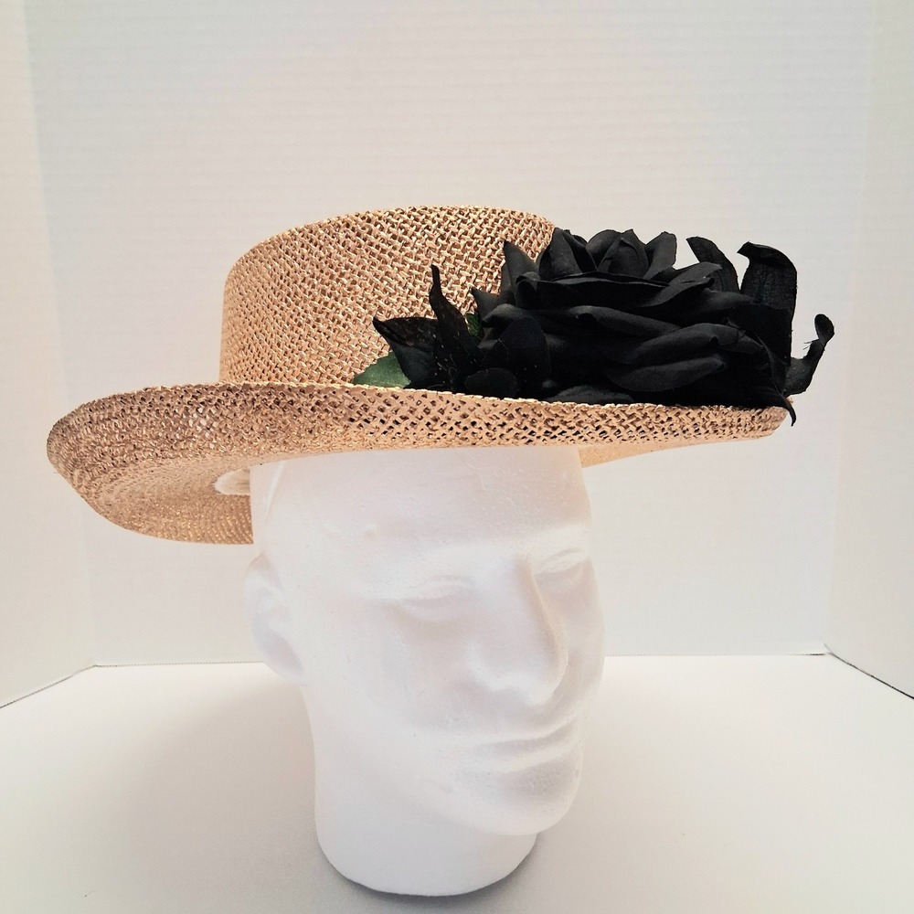Y2K VTG Straw Boater Hat Gold Stiff Rigid Crown Black Flower Small/Medium EUC - Picture 2 of 12